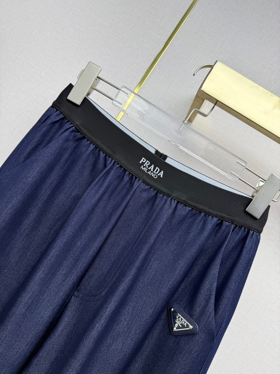 Prada Elastic Logo Band Wide-Leg Denim / Silk Pants