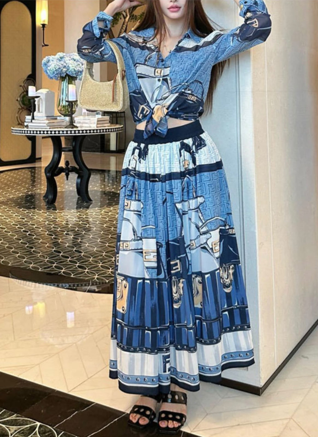 Fendi FF Logo and Belt Print Shirt and Skirt Set
