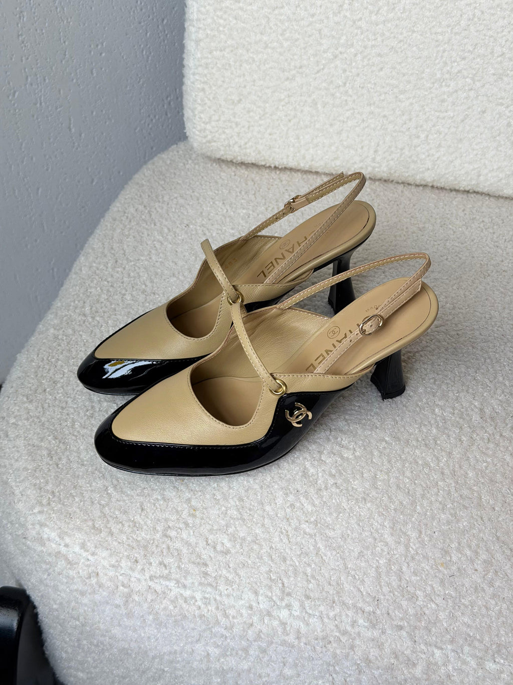 Chanel Two-Tone Patent and Leather Slingback Heels with T-Strap and CC Logo