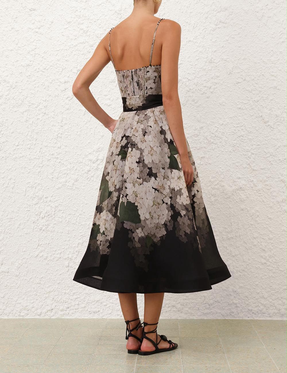 Zimmermann Valiant Corset Linen and Silk-Blend Midi Dress in Black Floral
