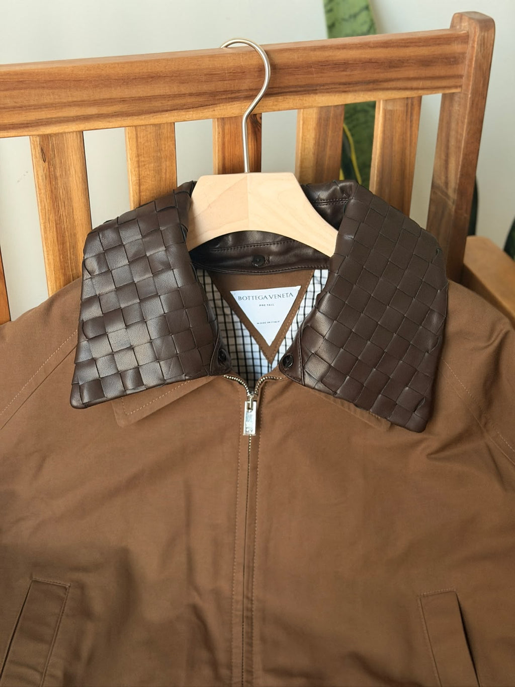 Bottega Veneta Crop Jacket with Contrast Woven Leather Collar