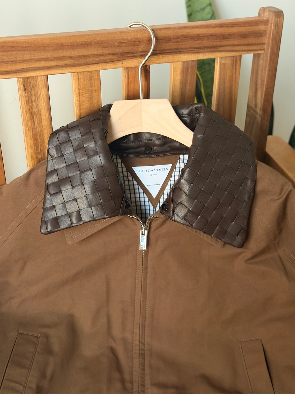 Bottega Veneta Crop Jacket with Contrast Woven Leather Collar