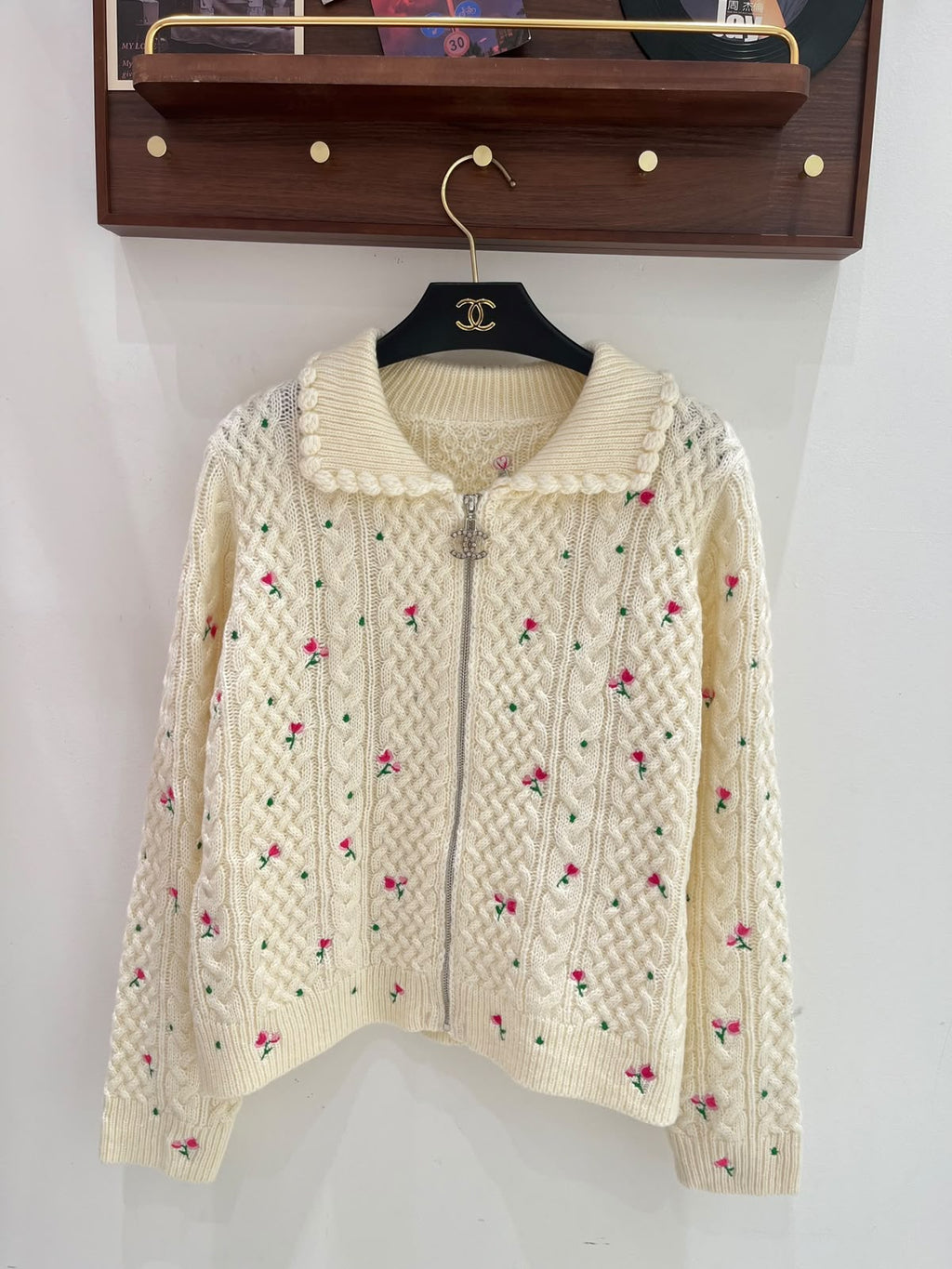 CHANEL Floral Zip-Up Knit Cardigan