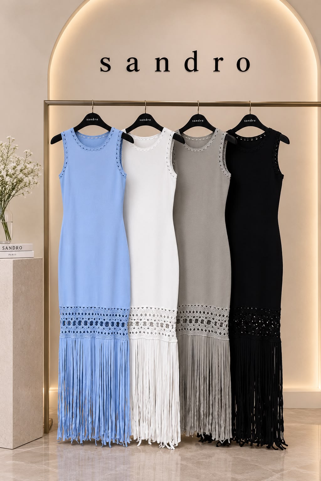 Sandro Sleeveless Openwork Cutout Fringe Hem Knit Maxi Dress Collection