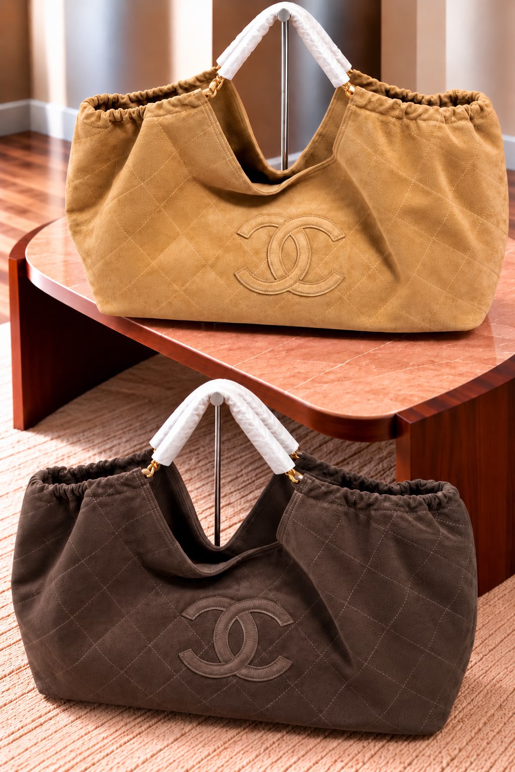 Chanel Quilted Suede Hobo / Tote Bag