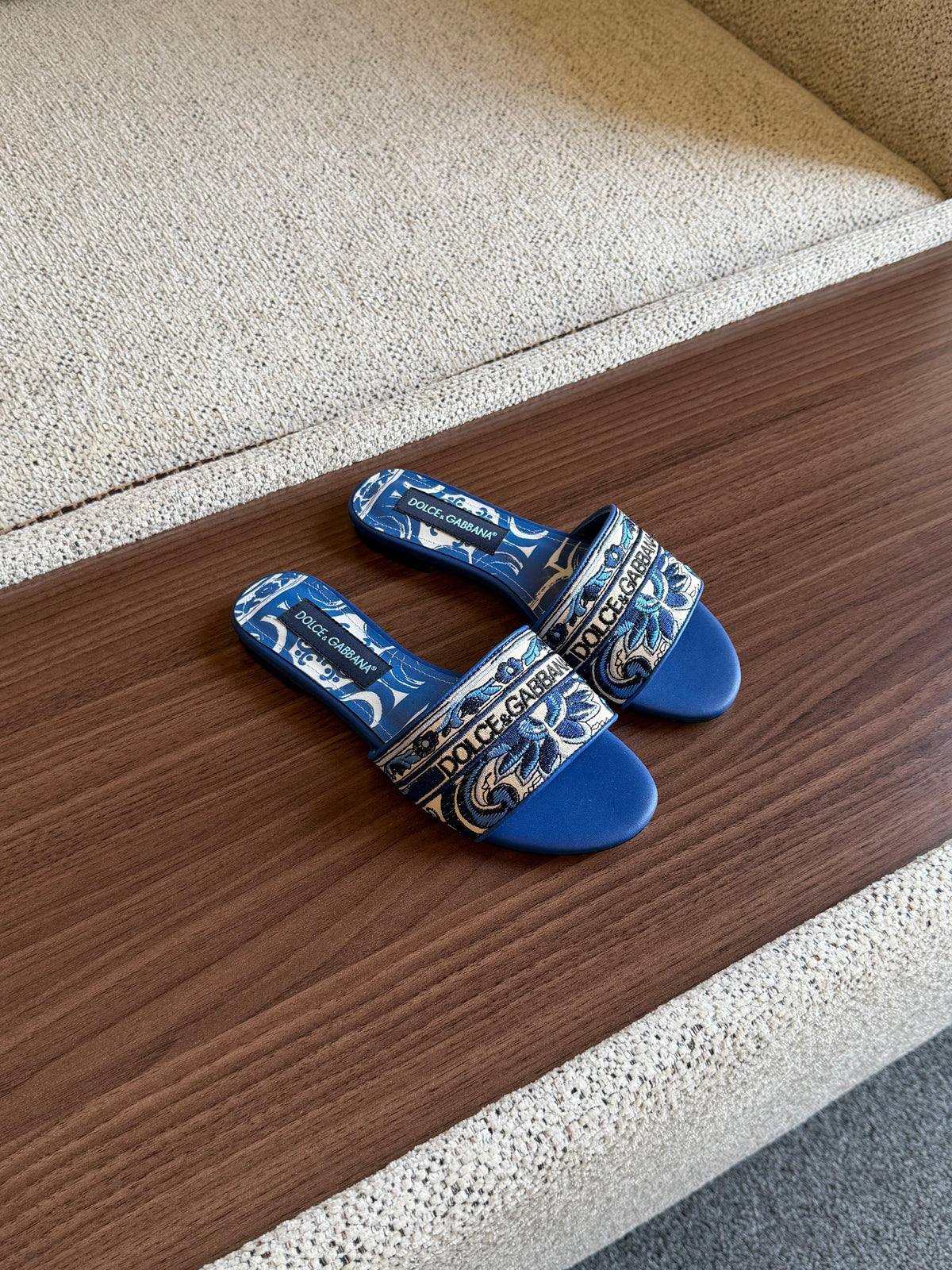 Dolce & Gabbana Majolica Print Embroidered Slide Sandals