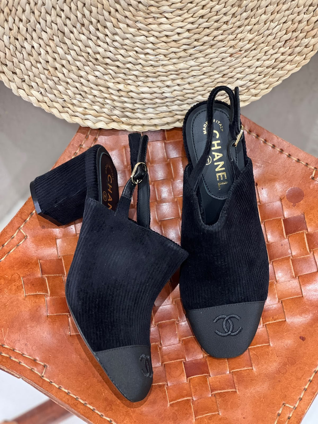Chanel Black Tweed Sequined CC Cap-Toe Slingback Block Heel Pumps