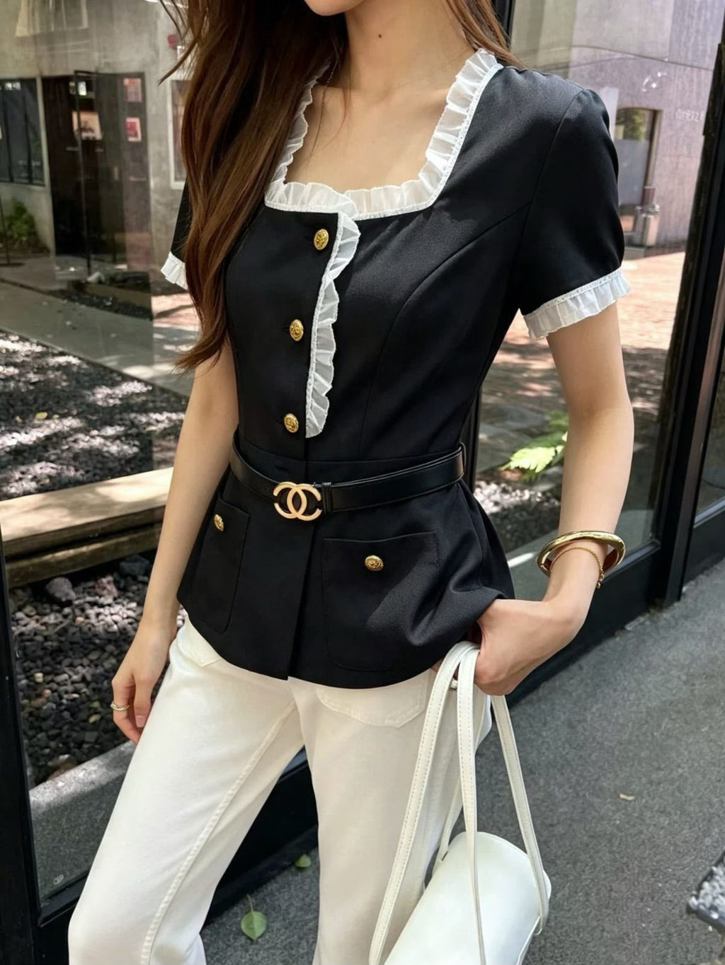 Chanel Black and White Ruffle Trim Top