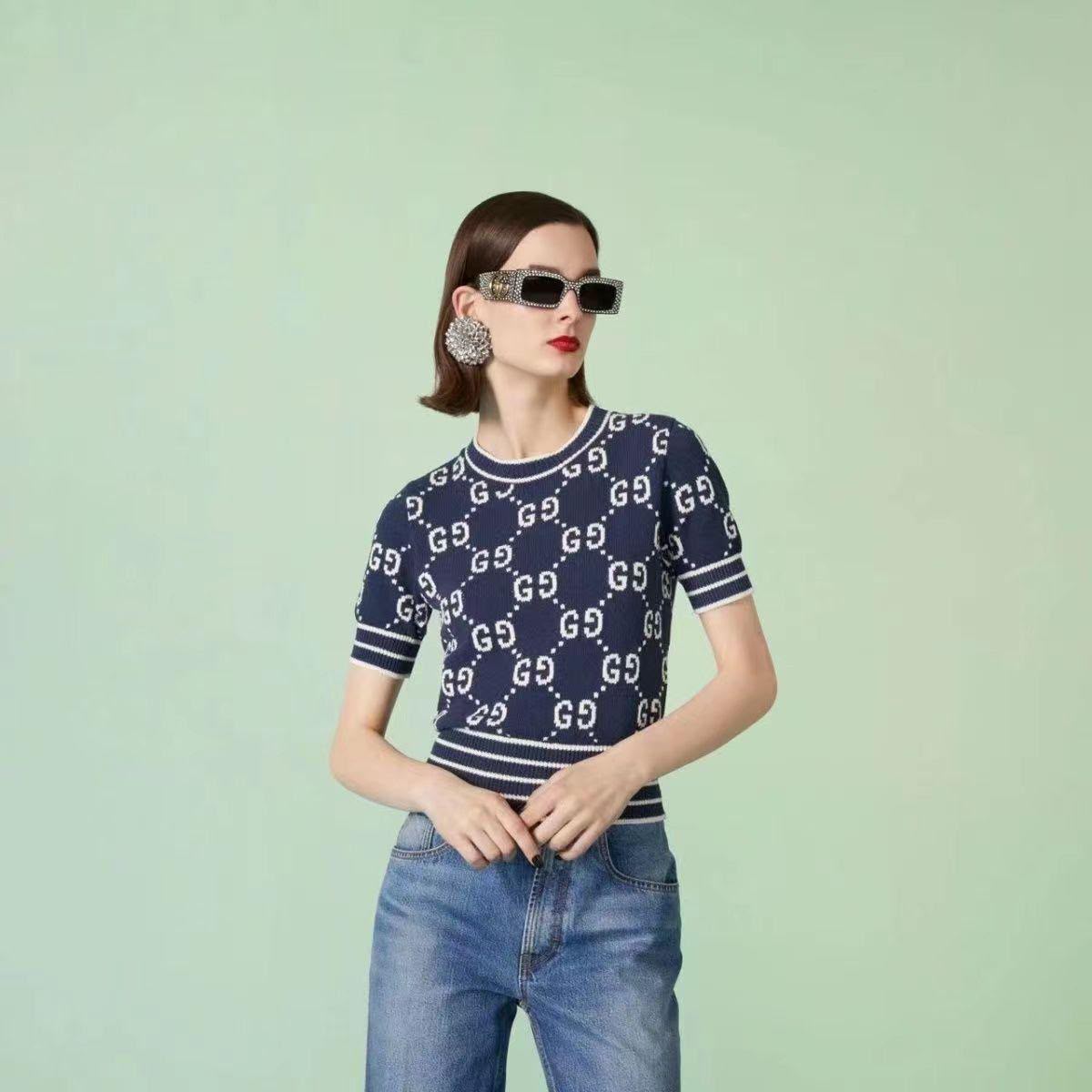 Gucci Monogram Short-Sleeve Knit Top