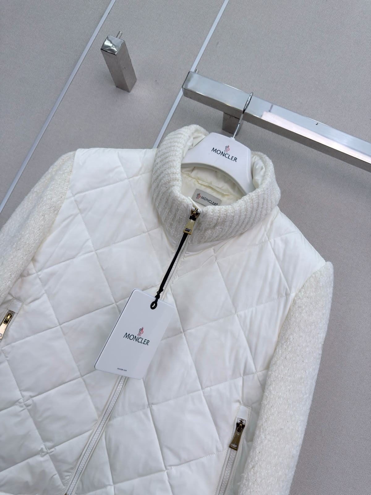 Moncler Ivory Quilted Knit-Sleeve Jacket