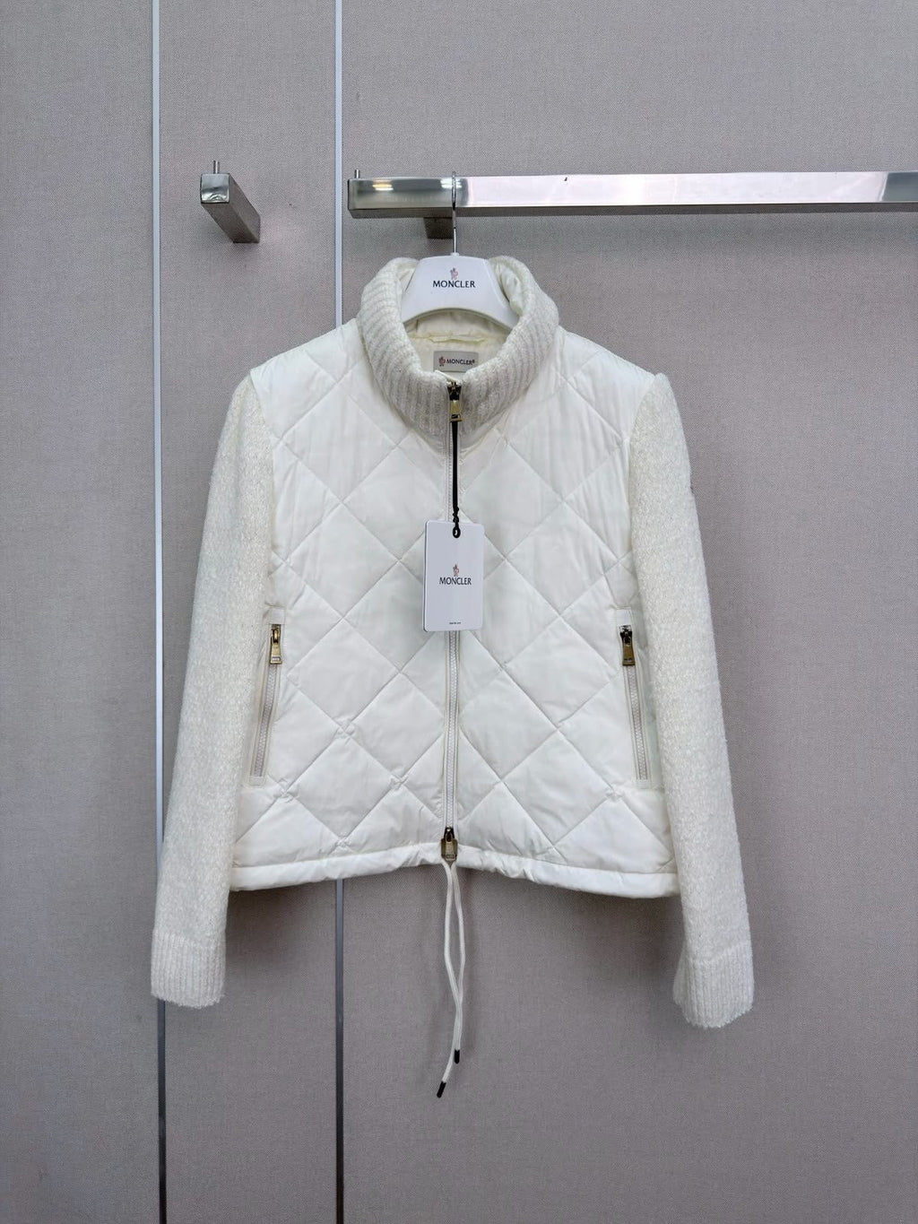 Moncler Ivory Quilted Knit-Sleeve Jacket