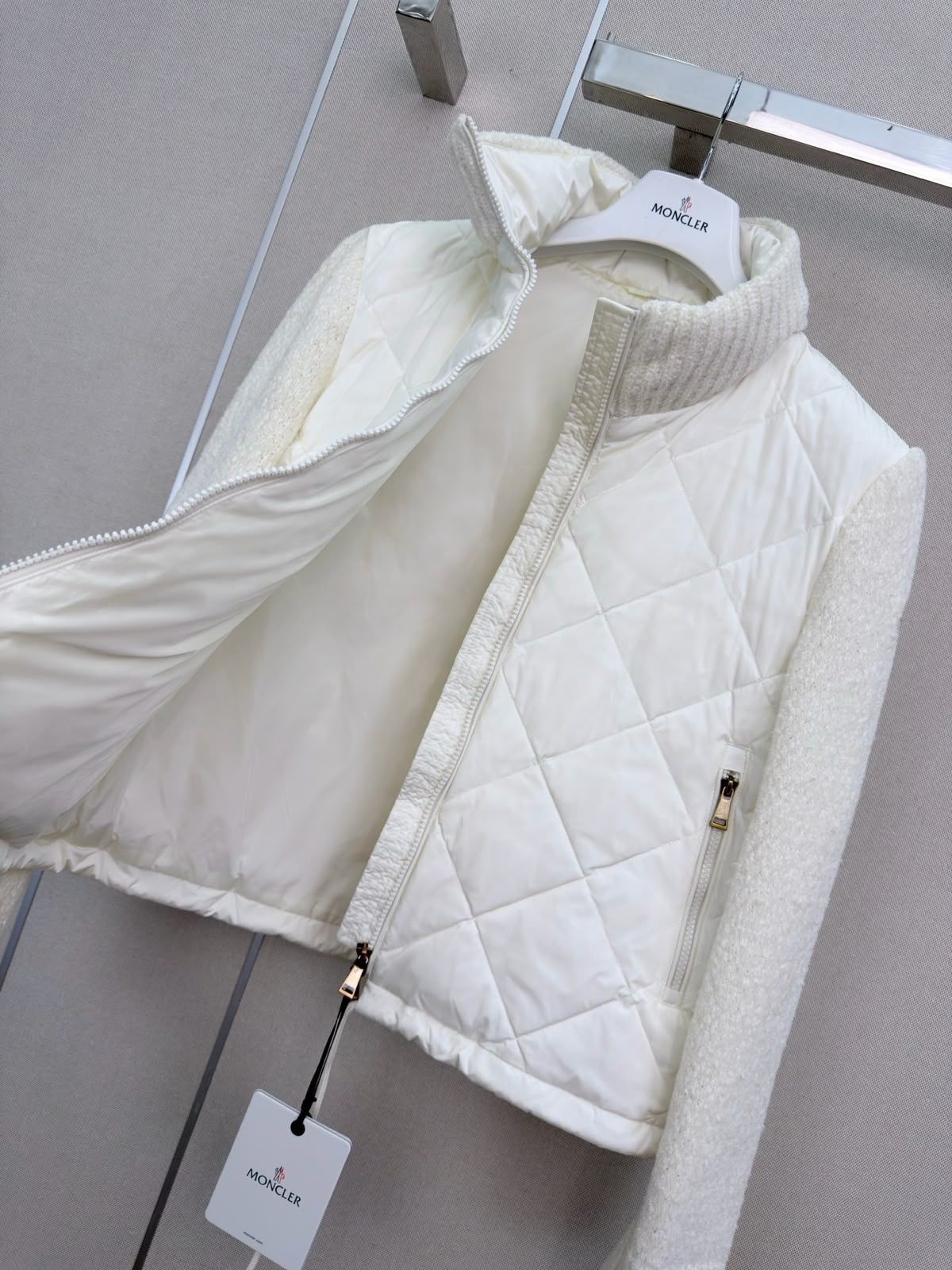 Moncler Ivory Quilted Knit-Sleeve Jacket