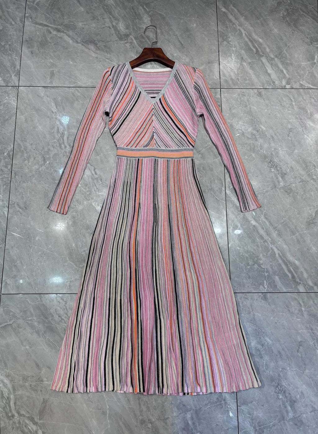 Missoni Striped Long-Sleeve Pleated Dress