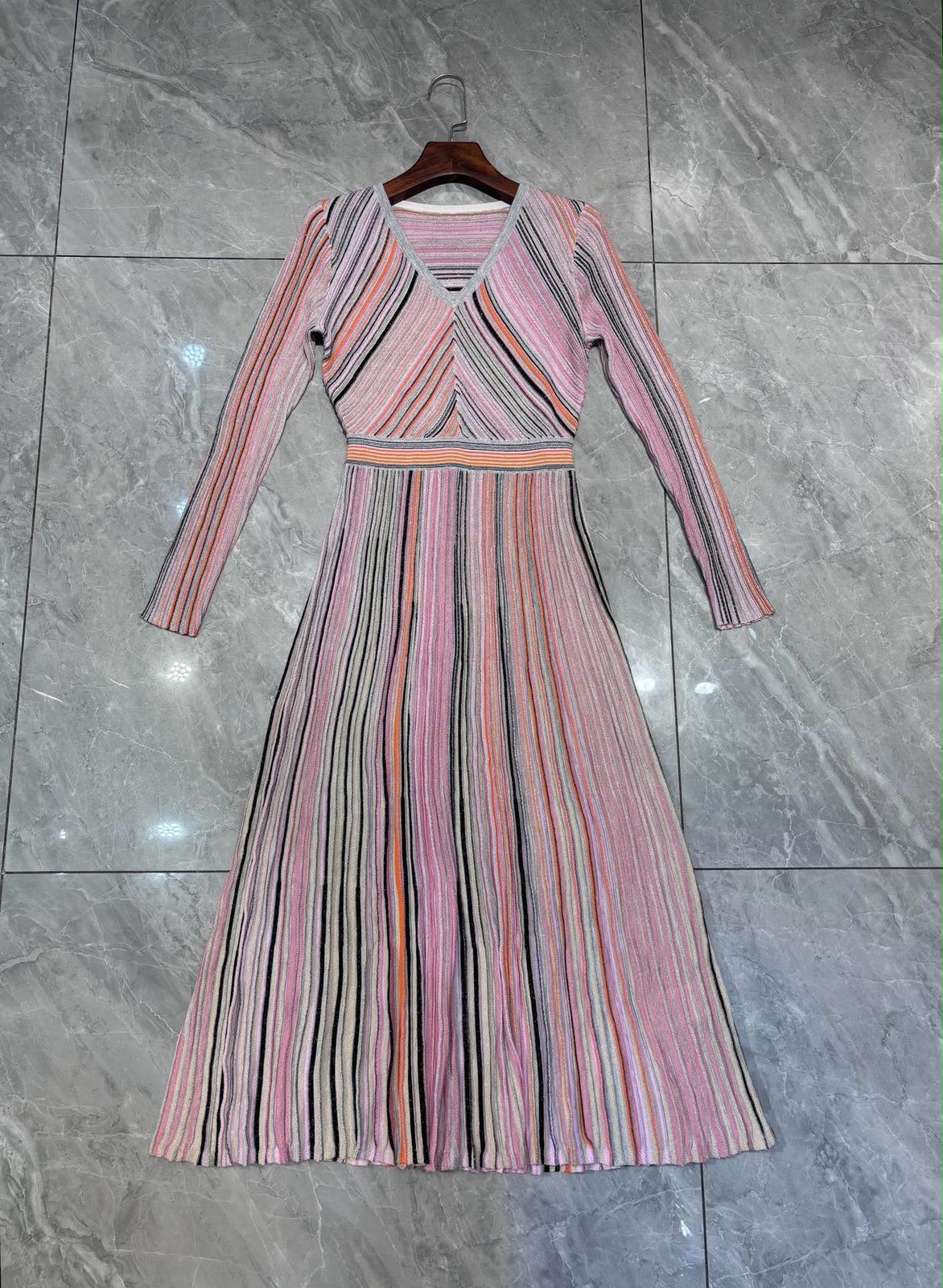 Missoni Striped Long-Sleeve Pleated Dress