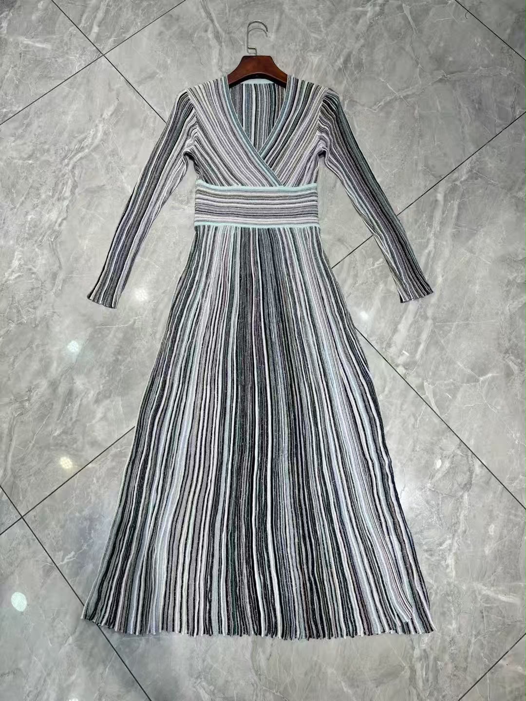 Missoni Striped Long-Sleeve Pleated Dress