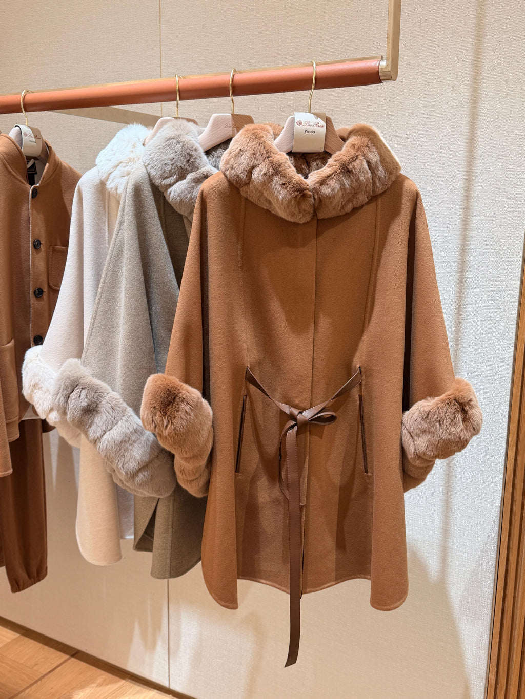Loro Piana Camel Belted Fur-Trim Cape
