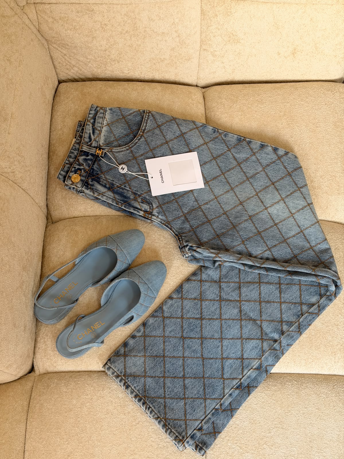 CHANEL Check Denim Jacket and Trousers Set