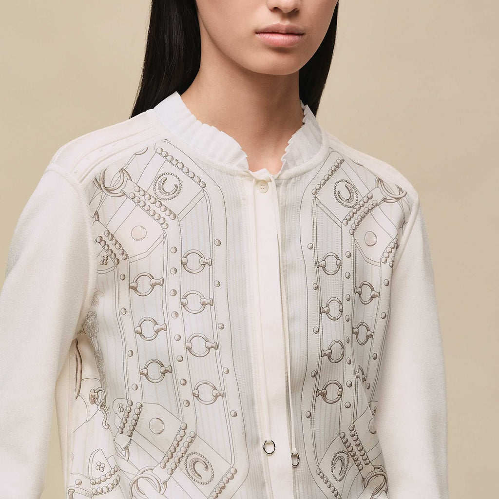 HERMES Grey Drawing-Print Pearl-Detail Cardigan