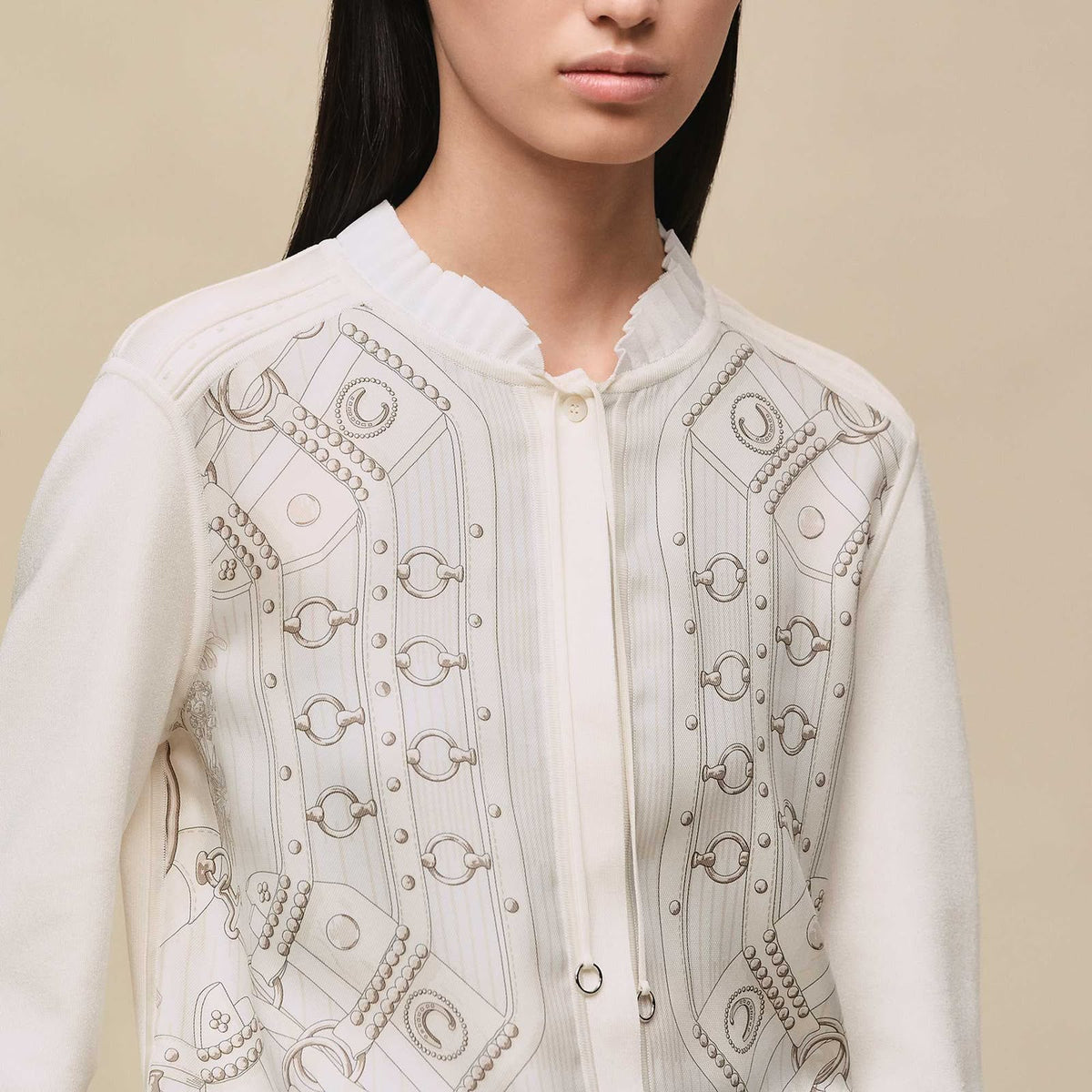 HERMES Grey Drawing-Print Pearl-Detail Cardigan