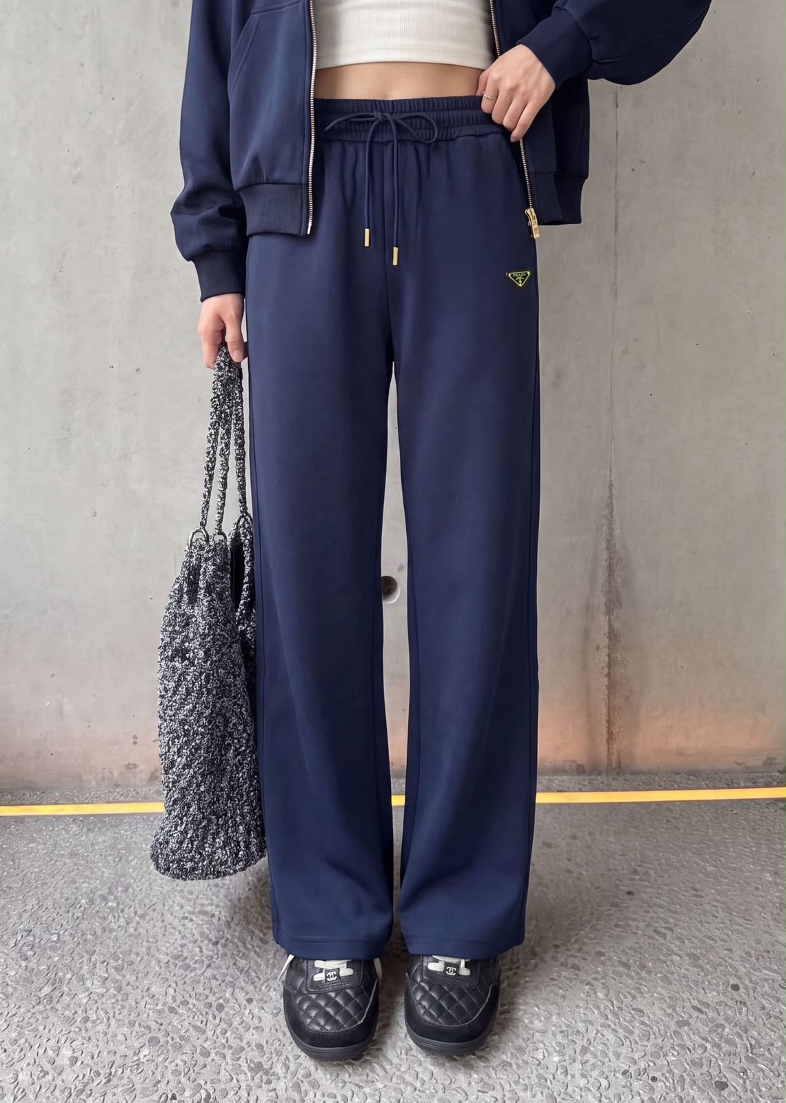 Prada Navy Zip Jacket and Wide-Leg Trousers Set