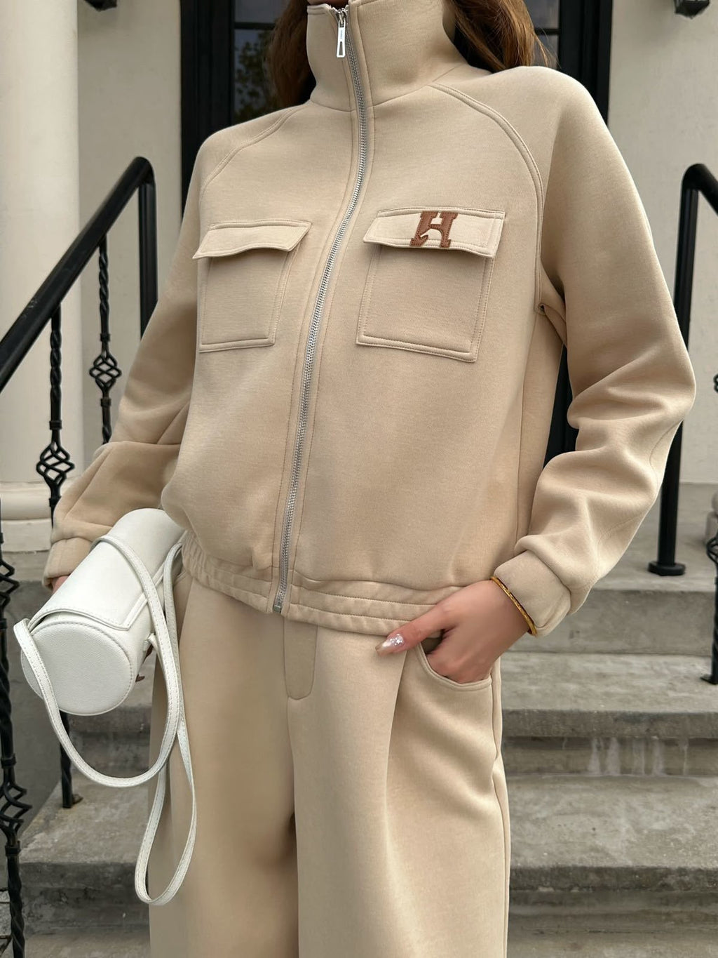 HERMES Pocket Zip Jacket and Wide-Leg Trousers Set