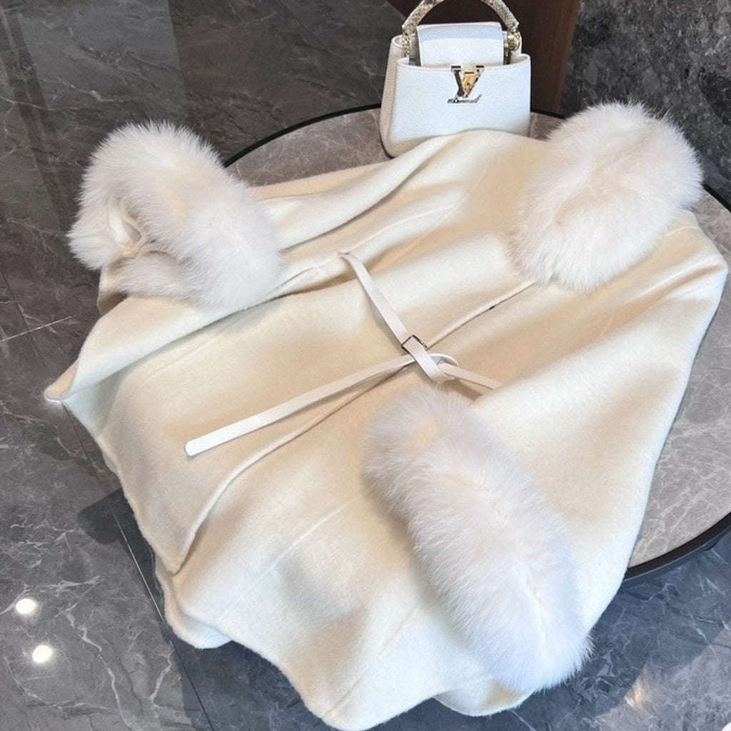 Loro Piana Off-White Belted Fur-Trim Cape
