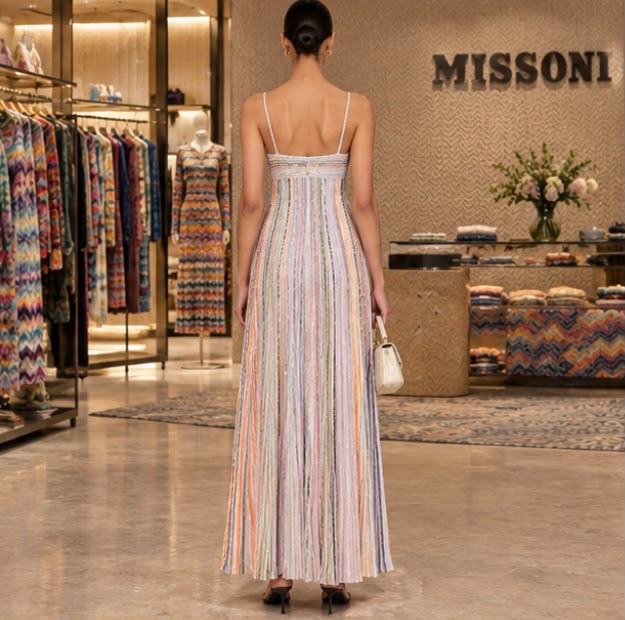 Missoni Pastel Striped Thin-Strap Maxi Dress