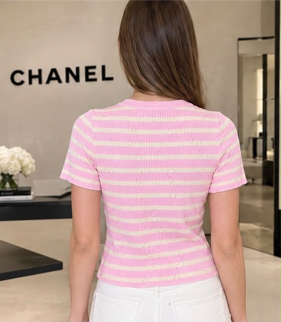 CHANEL Striped Short-Sleeve Top