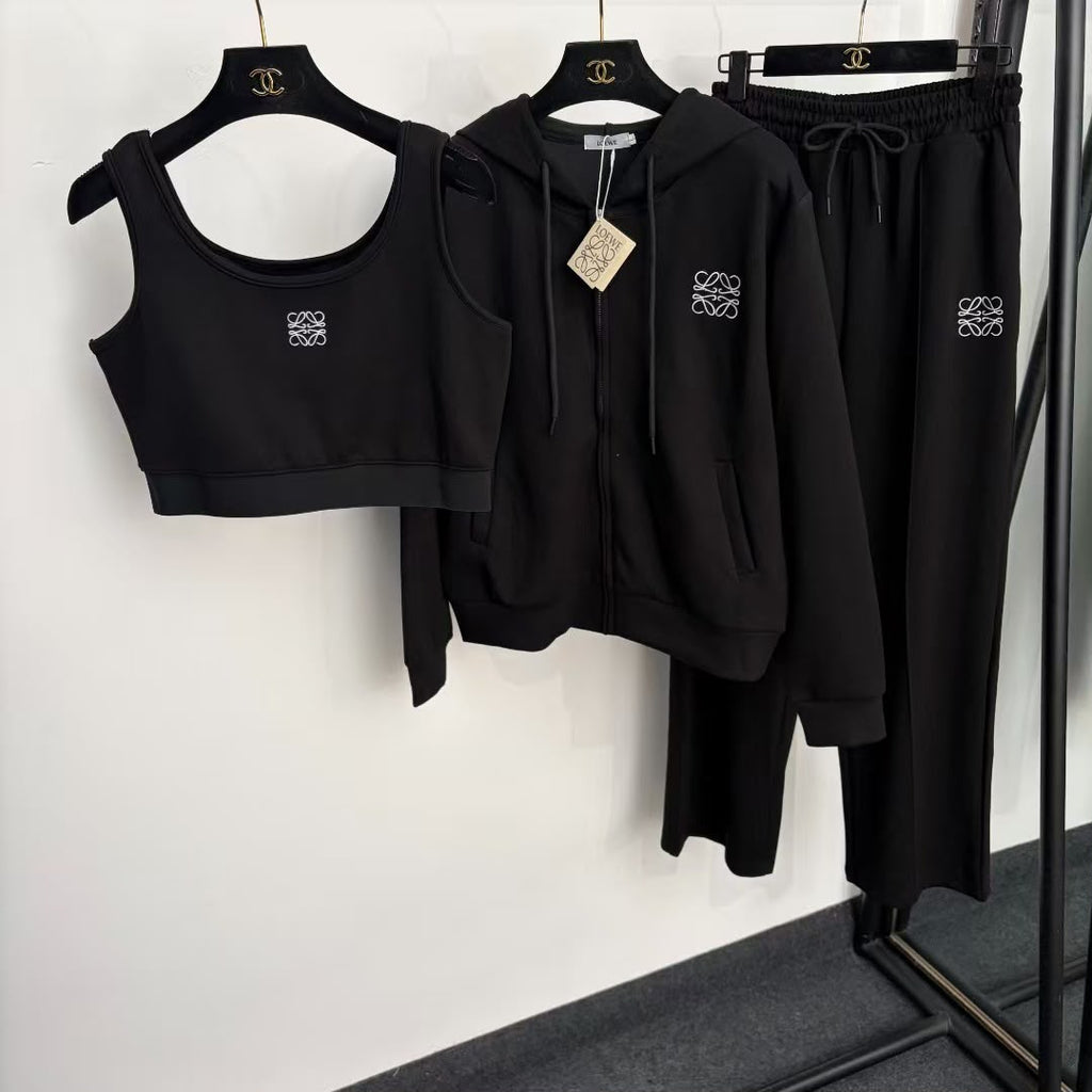 LOEWE Hoodie Crop Top and Wide-Leg Trousers Three-Piece Set