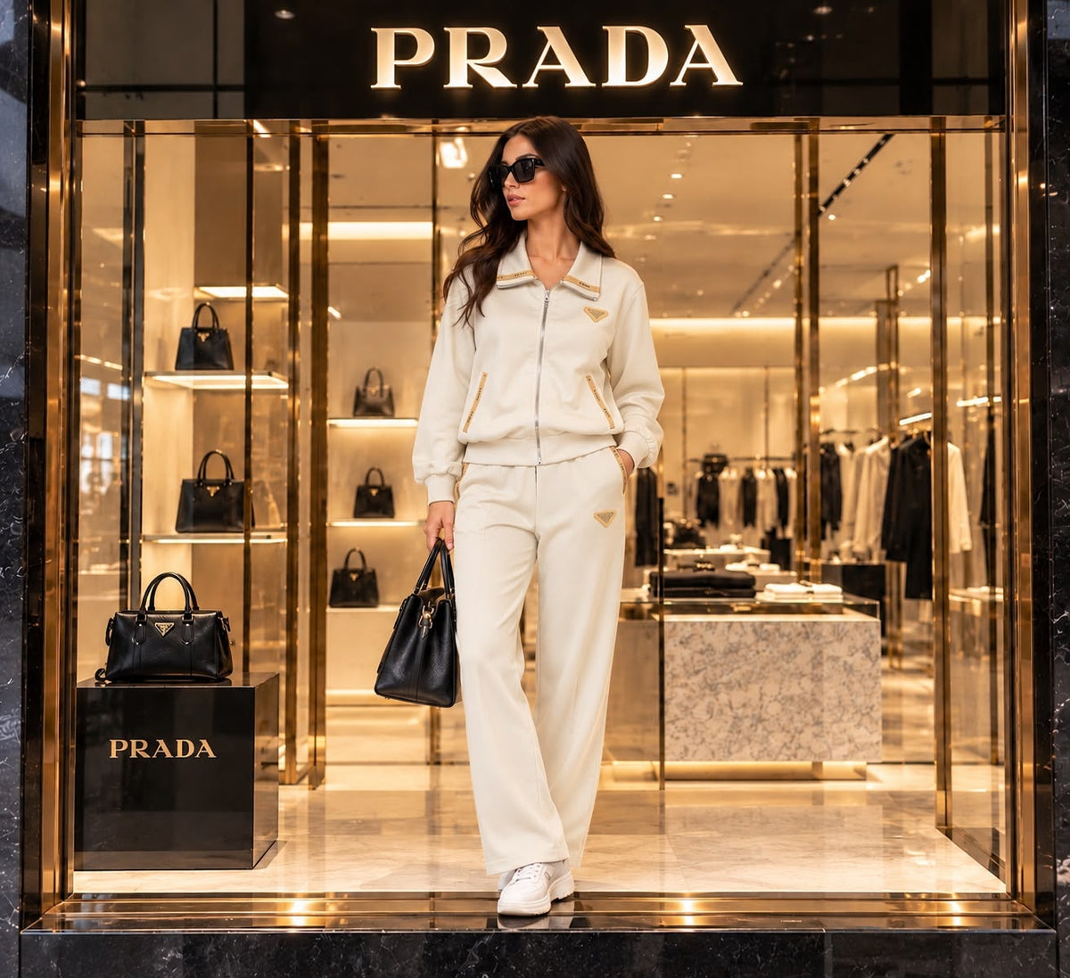 Prada Gold-Detail Zip Jacket and Wide-Leg Trousers Set