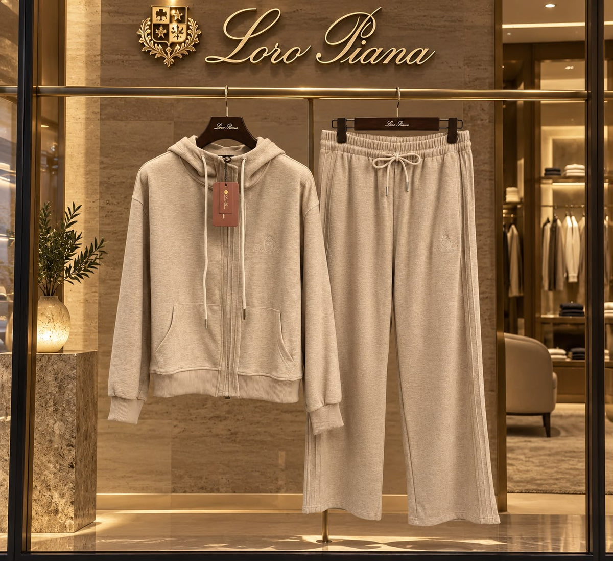 Loro Piana Front-Pocket Zip Hoodie and Wide-Leg Trousers Set