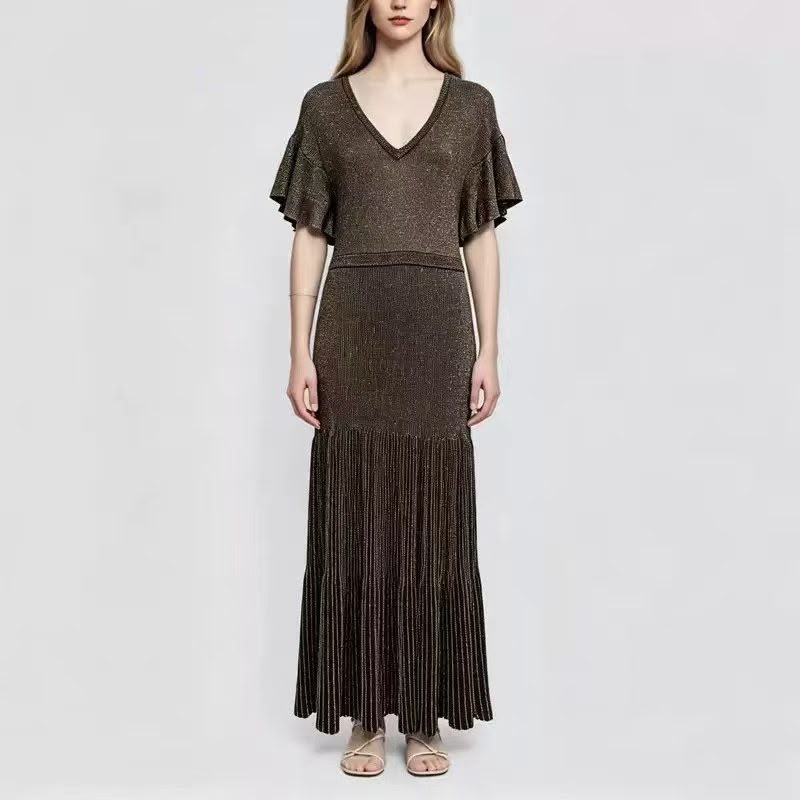 Missoni V-Neck Wide-Sleeve Pleated Maxi Dress