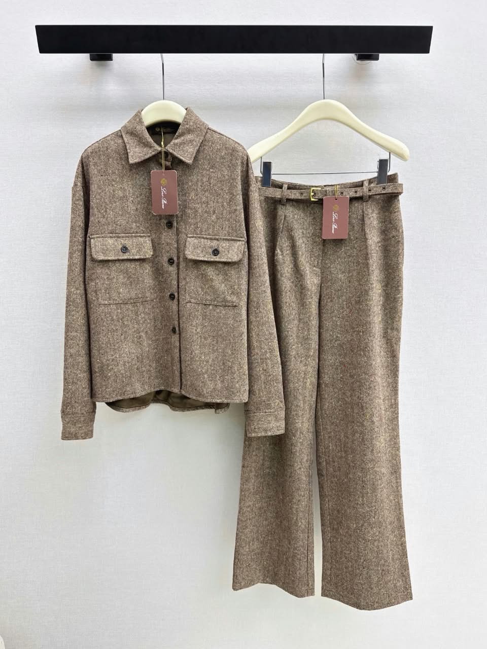 Loro Piana Herringbone Shirt and Belted Wide-Leg Trousers Set
