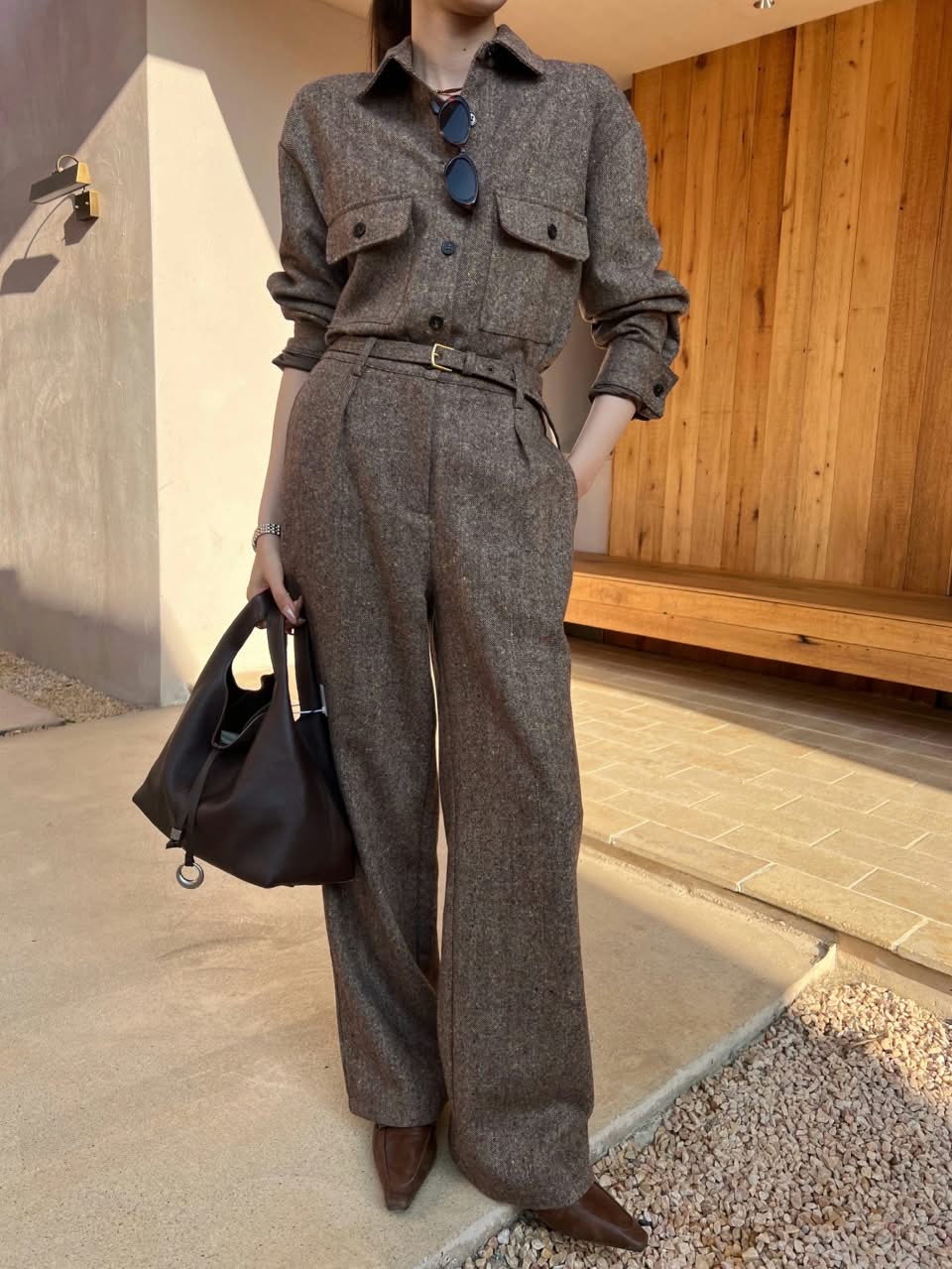 Loro Piana Herringbone Shirt and Belted Wide-Leg Trousers Set