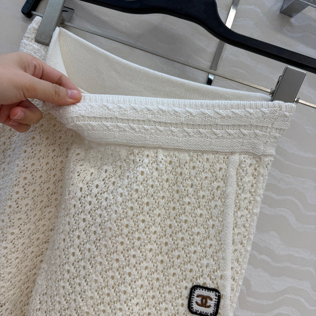 CHANEL Crochet Collared Top and Wide-Leg Trousers Set