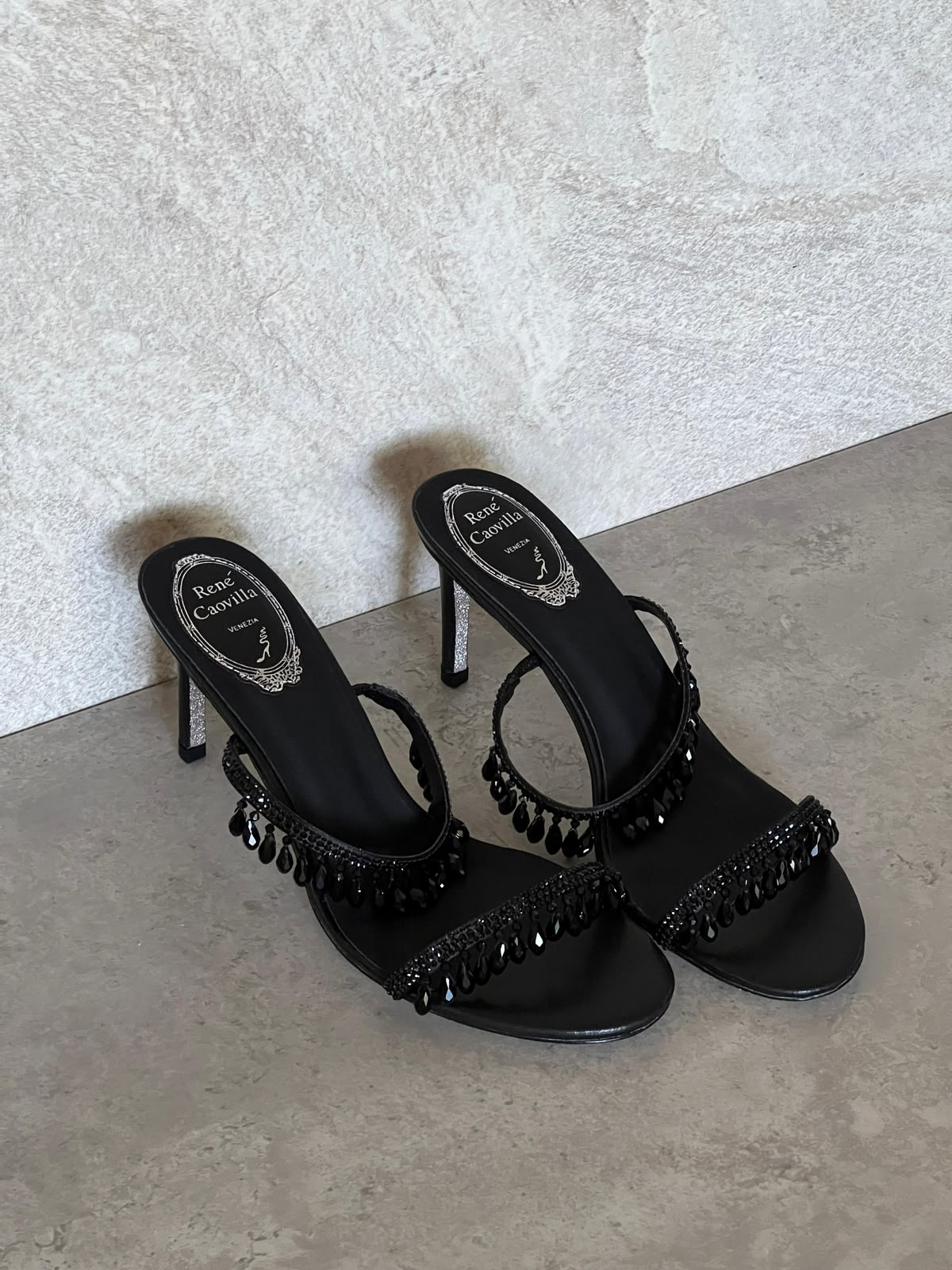 Rene Caovilla Crystal-Drop Heeled Mules