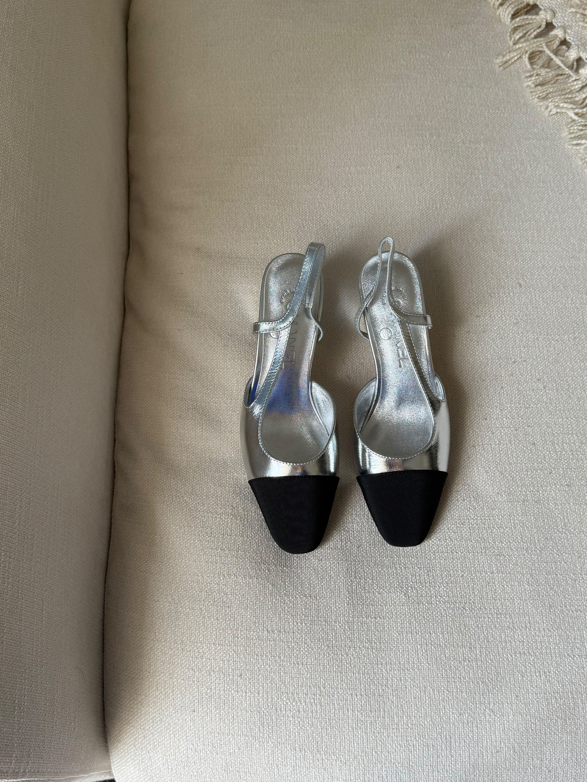 CHANEL Metallic Cap-Toe Slingback Pumps