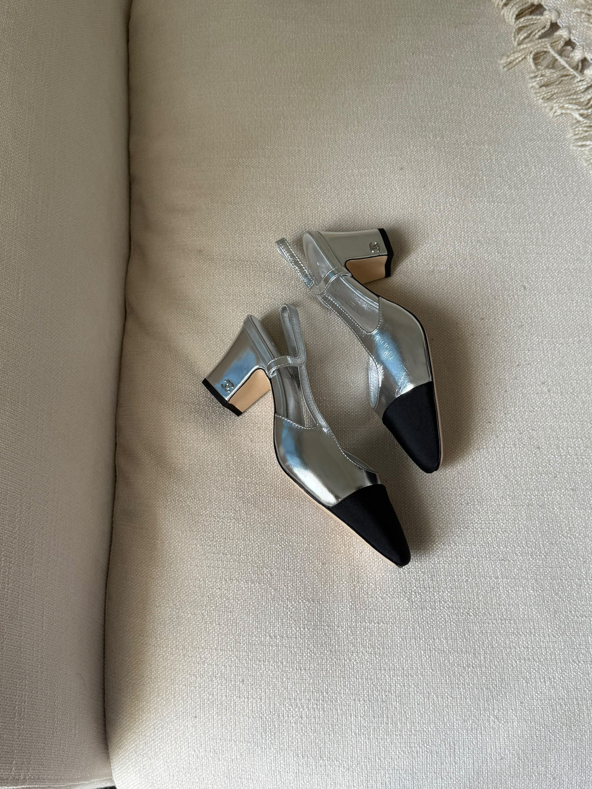 CHANEL Metallic Cap-Toe Slingback Pumps