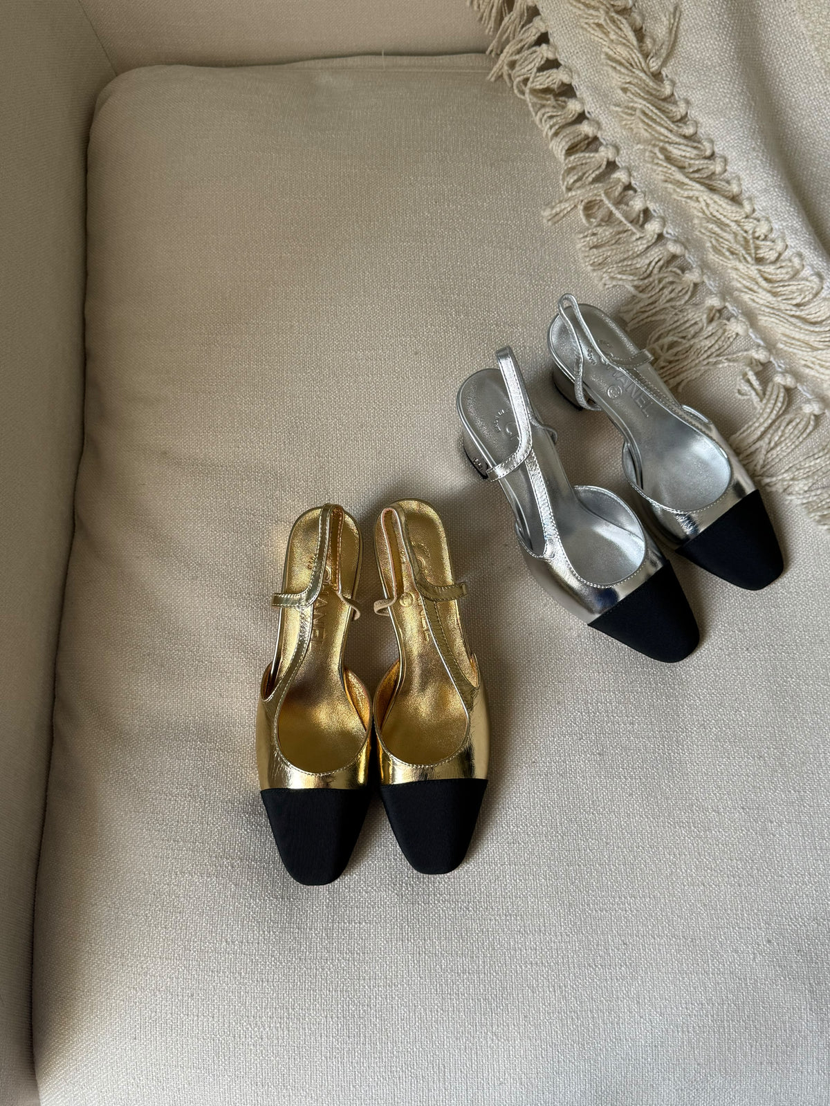 CHANEL Metallic Cap-Toe Slingback Pumps
