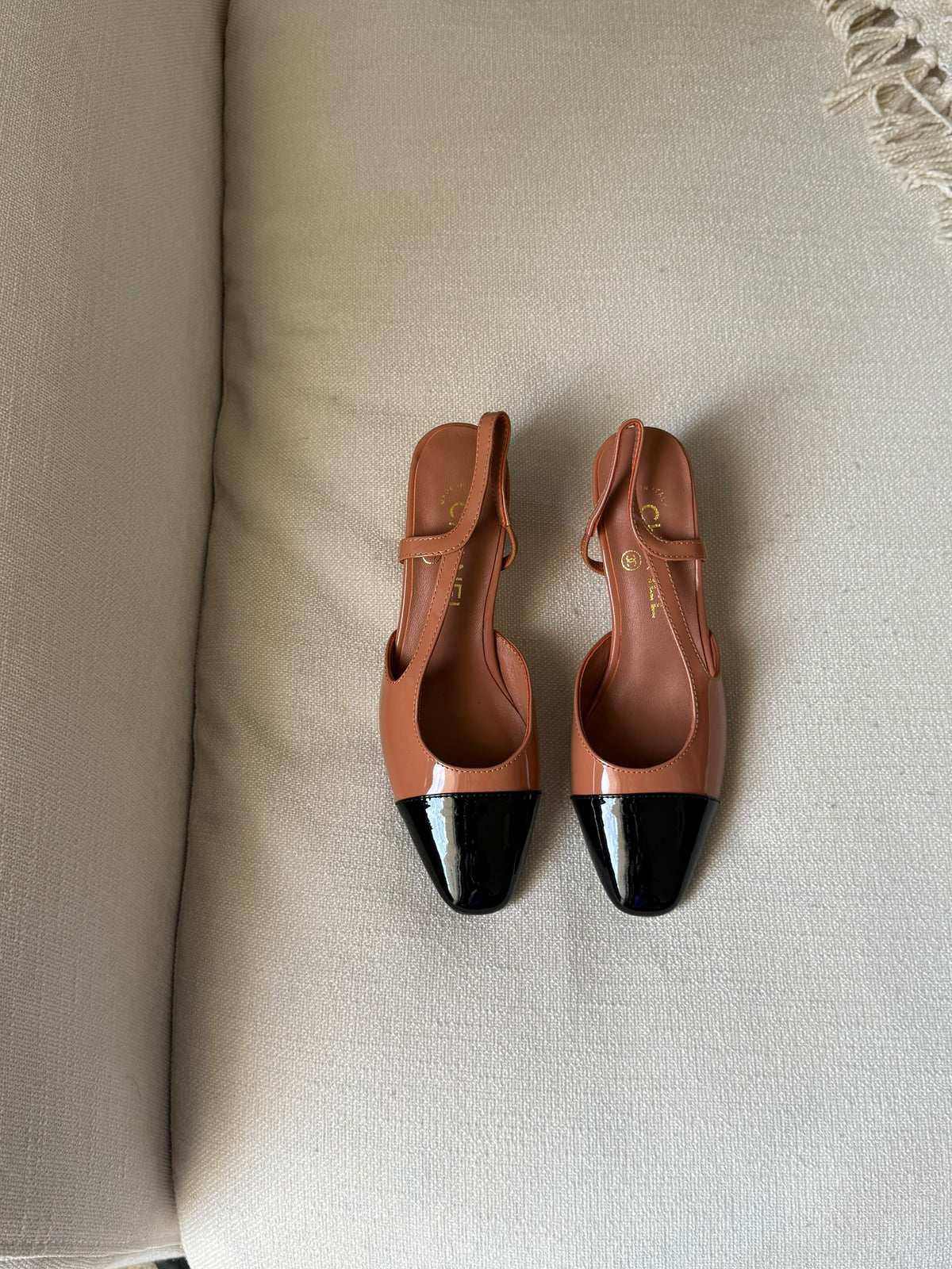 CHANEL Glossy Cap-Toe Slingback Pumps