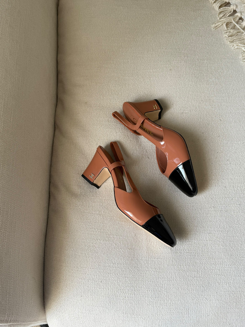 CHANEL Glossy Cap-Toe Slingback Pumps
