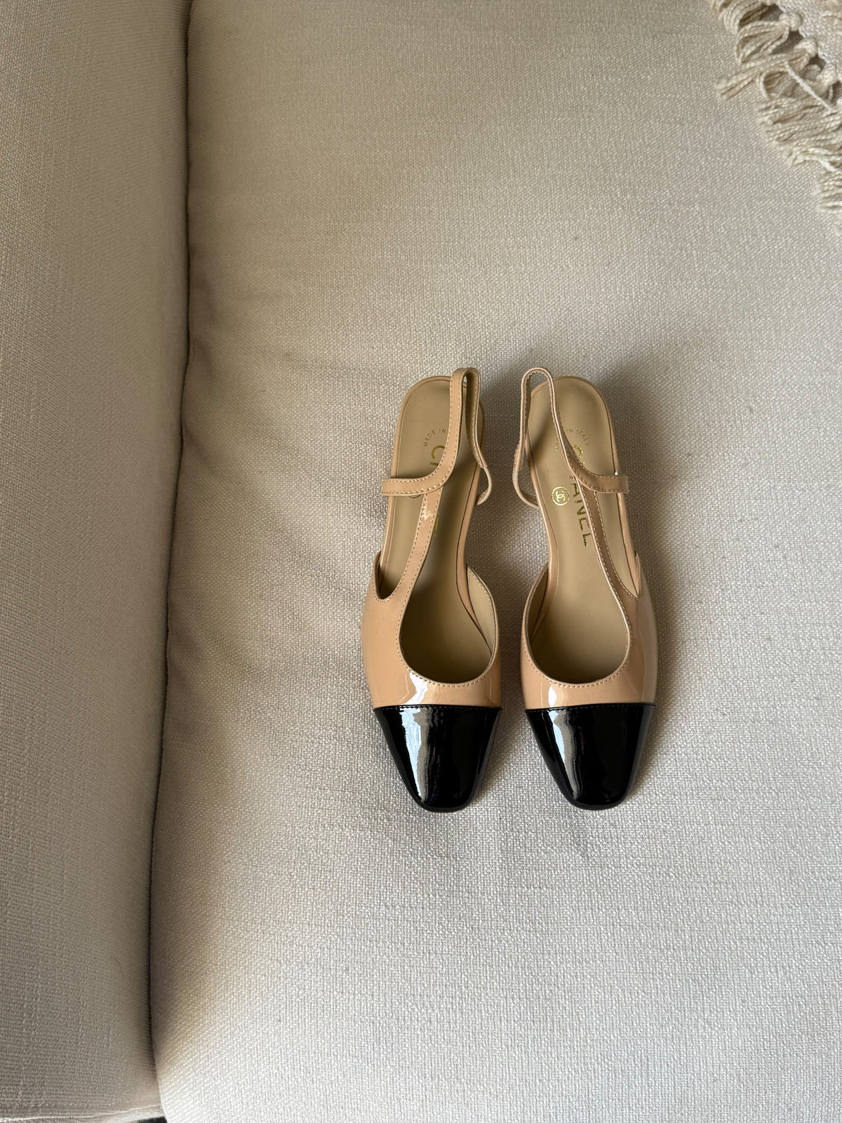 CHANEL Glossy Cap-Toe Slingback Pumps