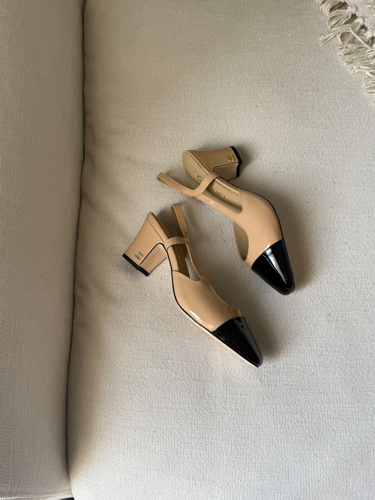CHANEL Glossy Cap-Toe Slingback Pumps
