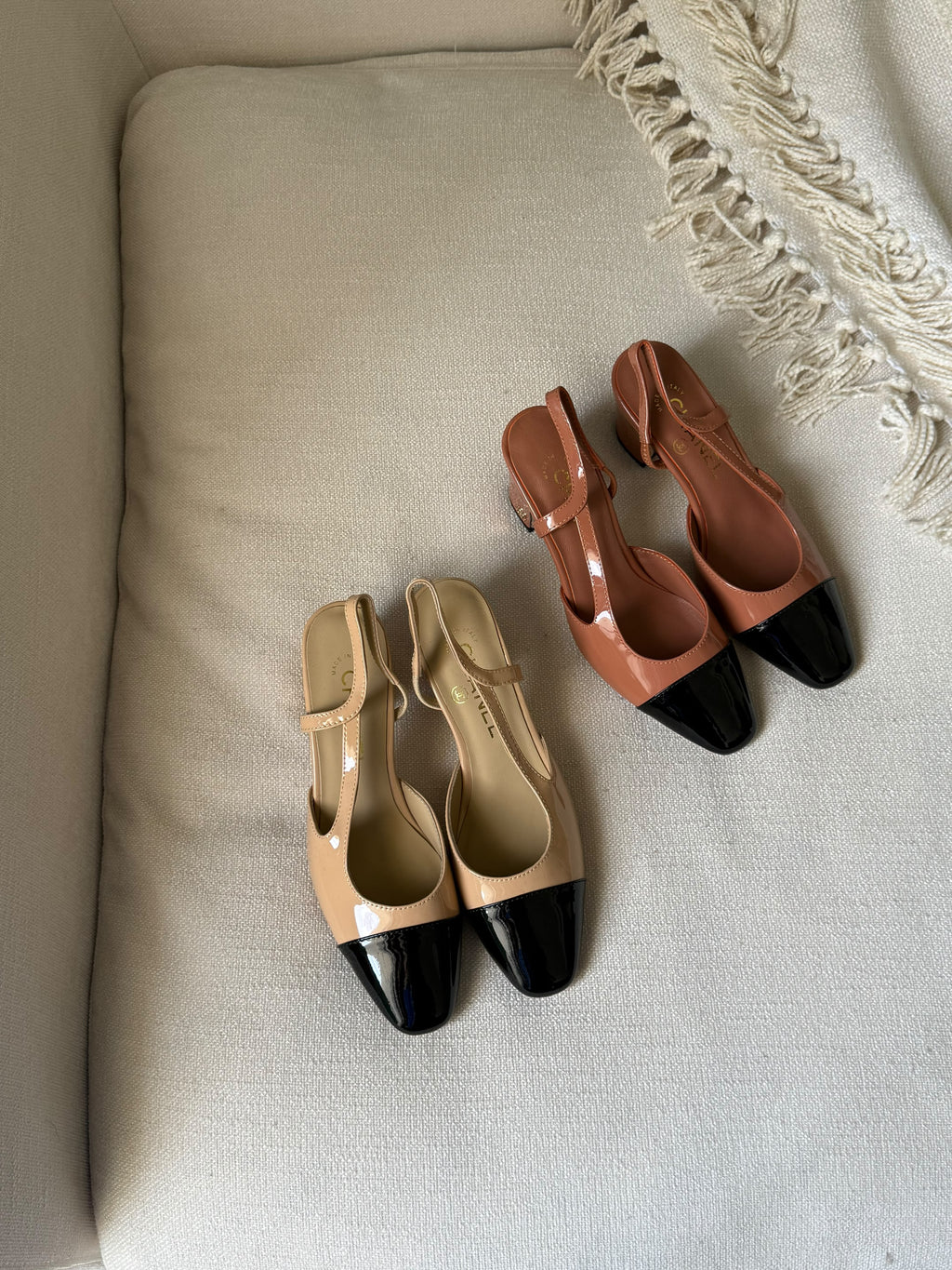 CHANEL Glossy Cap-Toe Slingback Pumps