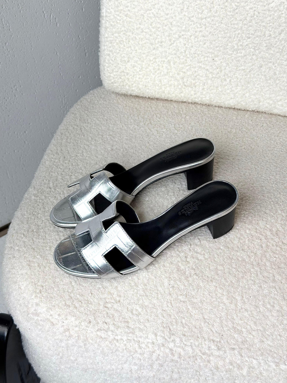 HERMES Metallic Embossed H-Strap Block-Heel Slides
