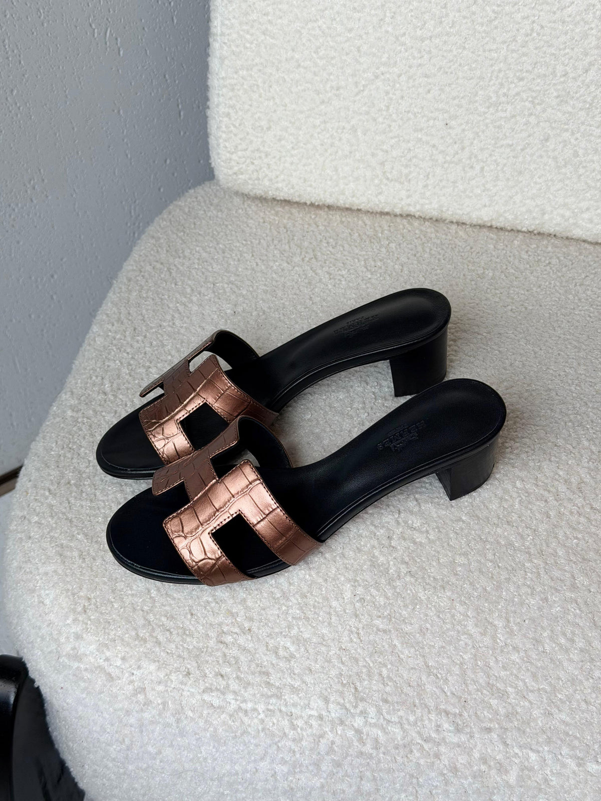 HERMES Metallic Embossed H-Strap Block-Heel Slides