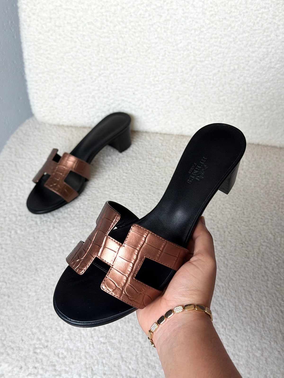 HERMES Metallic Embossed H-Strap Block-Heel Slides