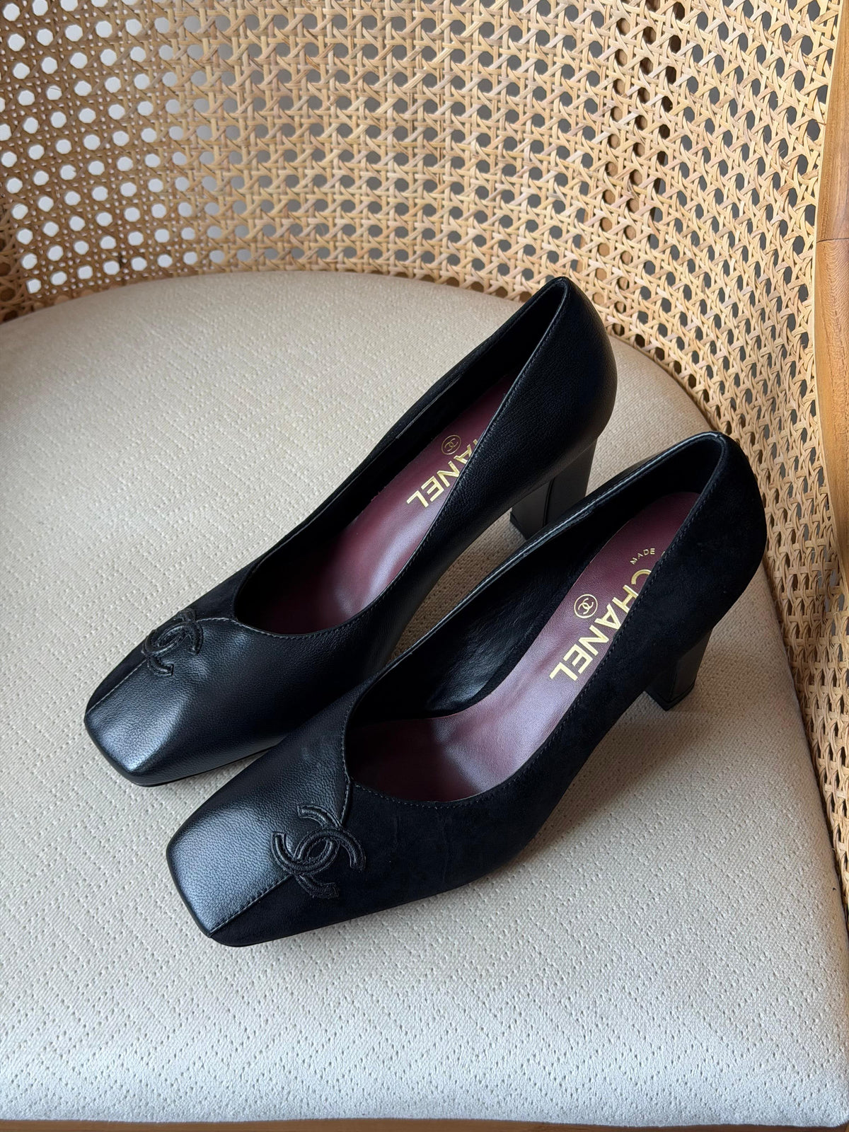 CHANEL Asymmetric Square-Toe Block-Heel Pumps