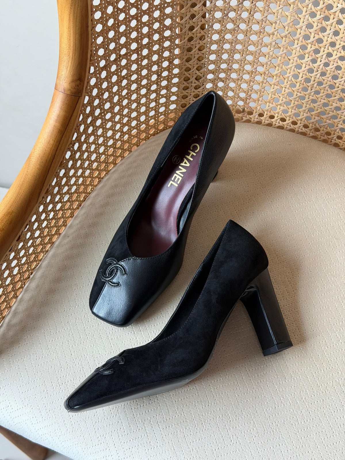 CHANEL Asymmetric Square-Toe Block-Heel Pumps
