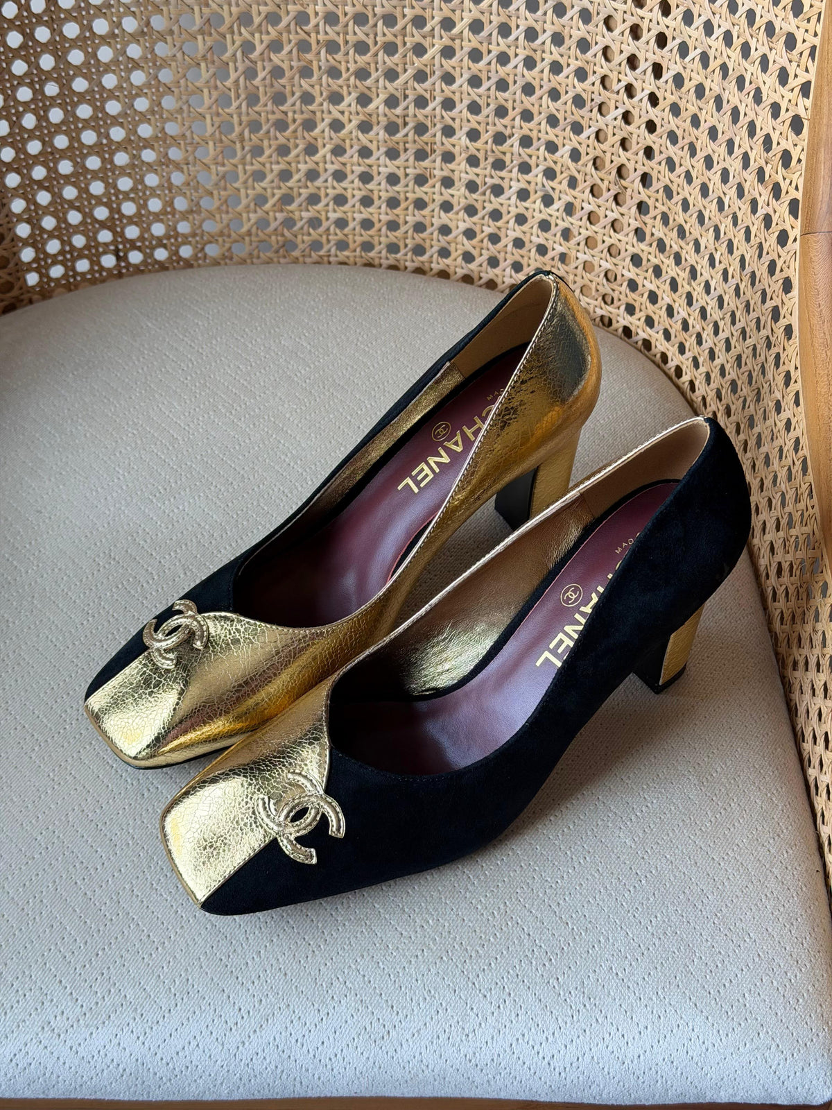 CHANEL Asymmetric Square-Toe Block-Heel Pumps